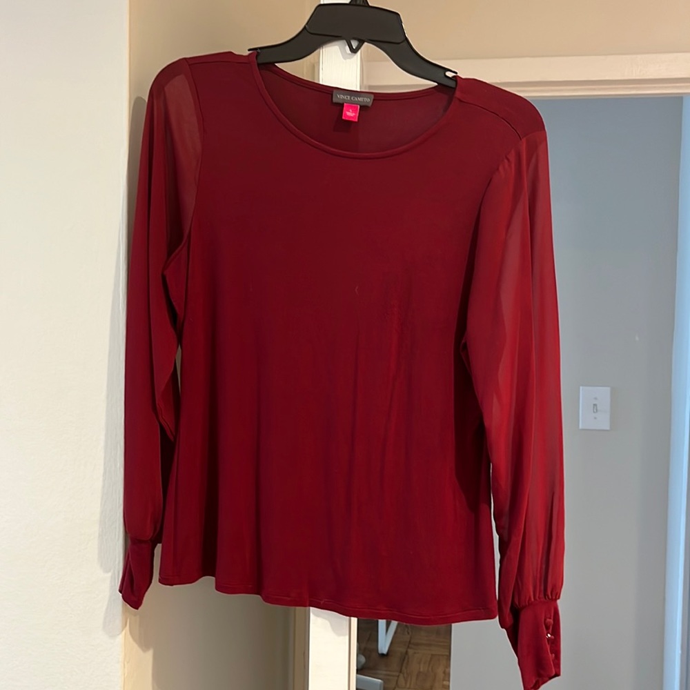 Vince Camuto top, color is burgundy. Sleeves are sheer
